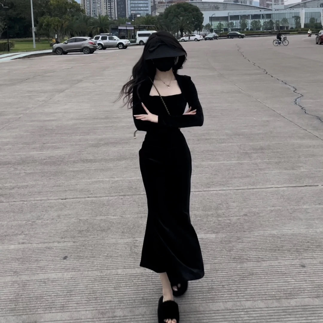 高品质慕丝绒显瘦气质高级感鱼尾连衣裙858