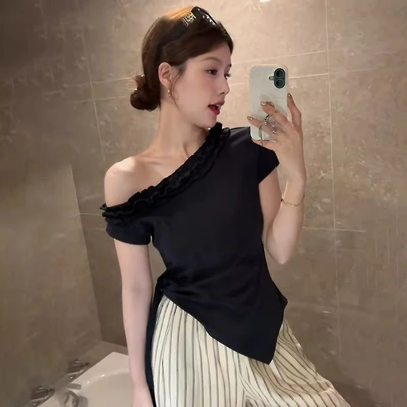 花边拼接斜肩短袖女t恤2025新款修身绑带设计感时尚百搭洋气衣服