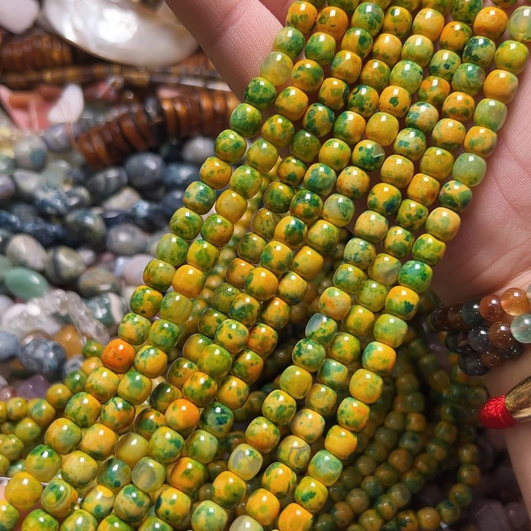 玛瑙/玉髓足银镶嵌珠宝半成品O439天然彩绘玛瑙桶珠7n