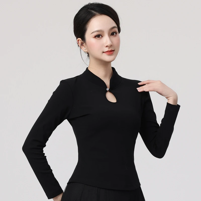 广场舞古典舞女士春秋长袖莫代尔上衣民族舞黑色旗袍领T恤打底衫