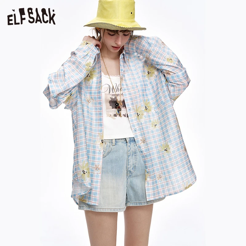 1051【赵老板】妖精的口袋原创印花格纹长袖衬衫女度假风衬衣外套