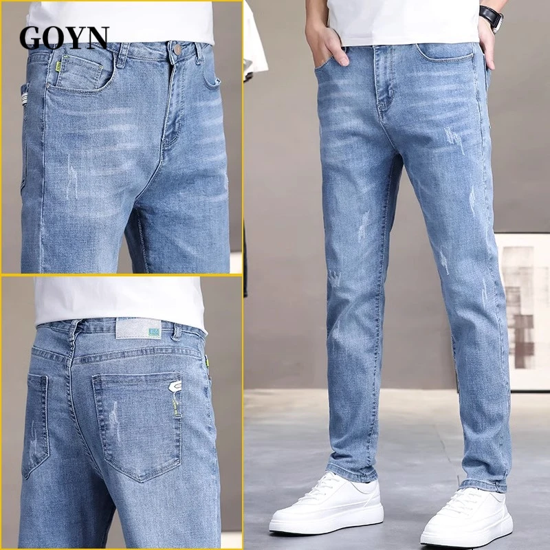 GOYN秋季弹力修身直筒薄款男士潮牌百搭休闲透气男装时尚牛仔长裤