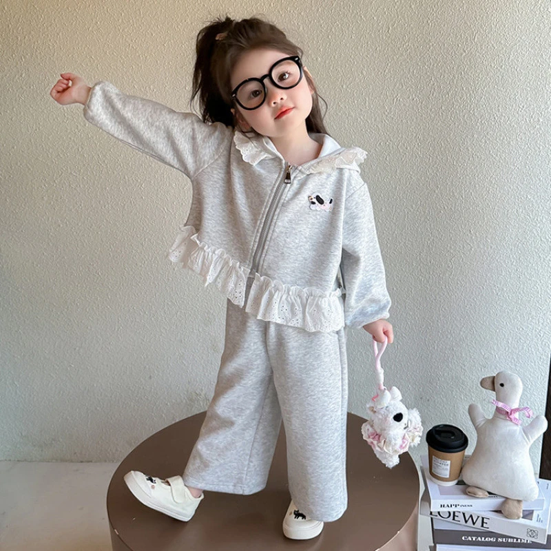 女小童秋季长袖花边连帽套装洋气中小童休闲运动装小女孩两件套潮