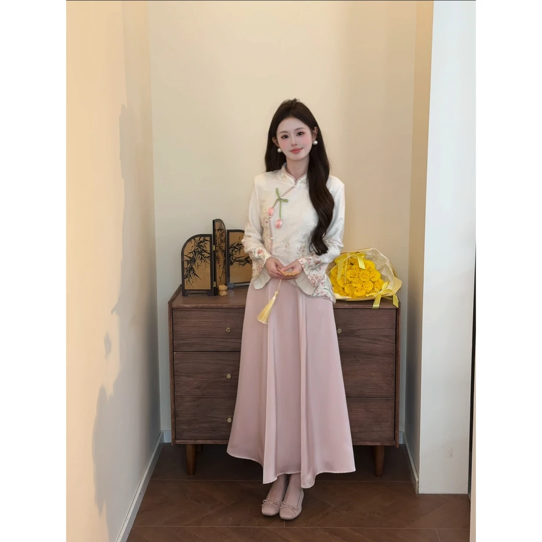 【晴山雪】<77>新中式斜襟提花上衣+半身裙套装XMZH10366