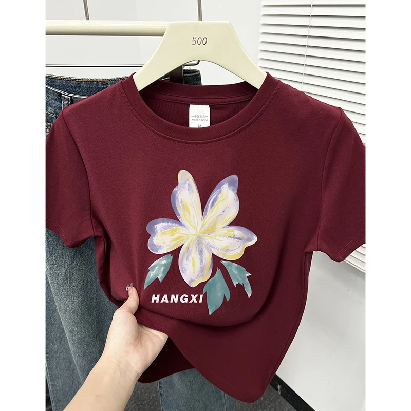 花卉印花圆领正肩t恤女夏季短袖2025新款潮流百搭设计感显瘦上衣