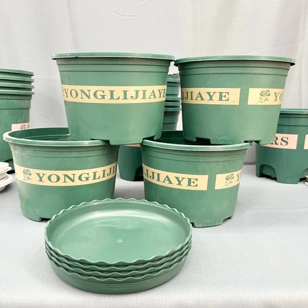 加厚绿矮胖控根加仑四个带拖盘（口径20厘米高14厘米）