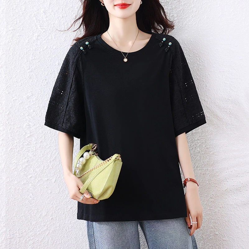 黑色圆领镂空短袖衬衫女2025夏季新款设计感宽松显瘦蕾丝拼接上衣