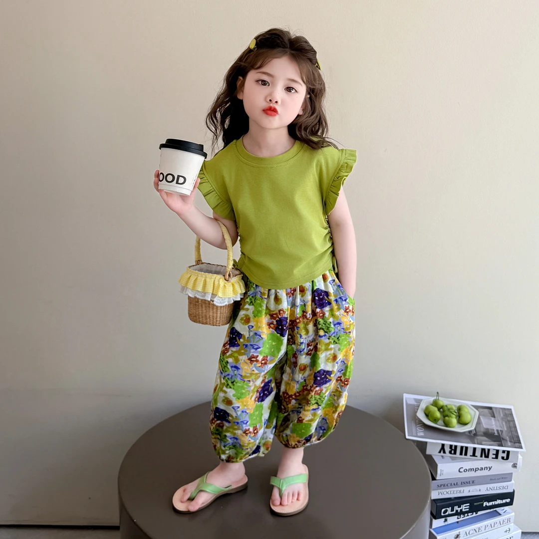 女童小飞袖套装洋气儿童夏季新款女宝宝碎花防蚊裤两件套小女孩潮