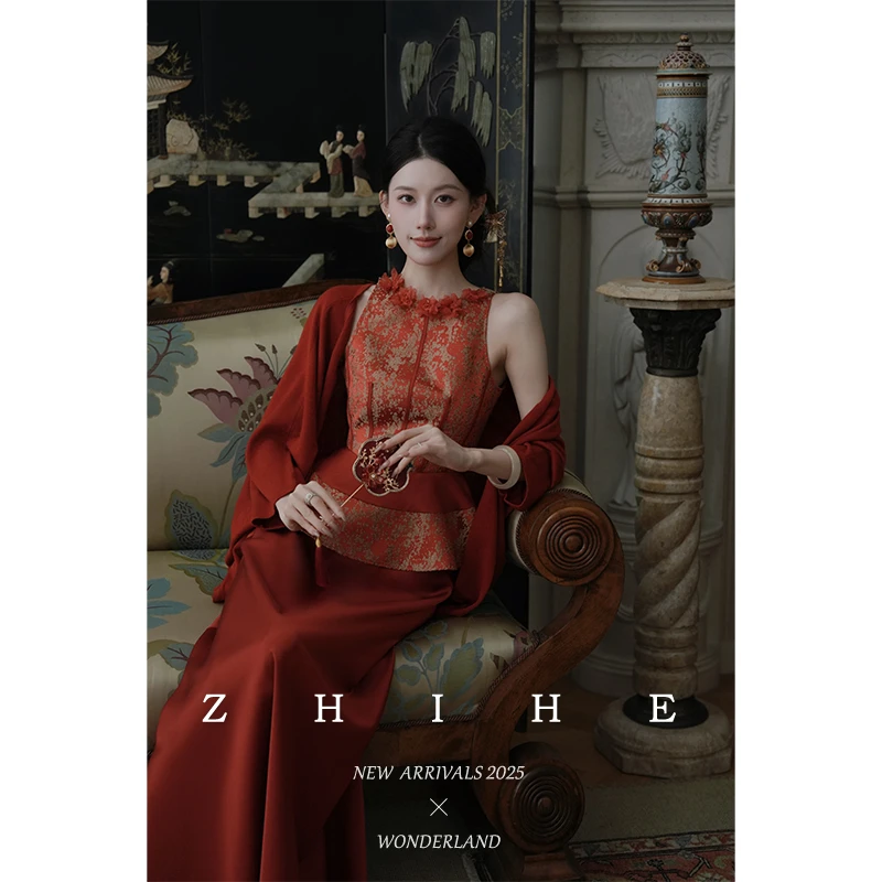 无艳一禾【鎏光半夏3.0】囍嫁系列鎏金提花无袖收腰上衣+缎面半裙