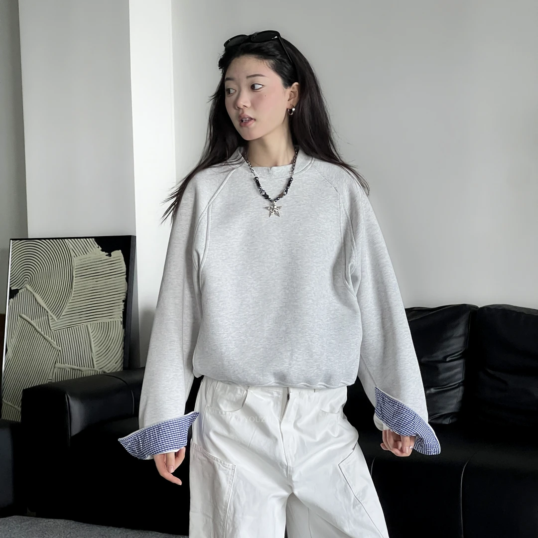 秋季新款长袖休闲透气拼接灰色格子不加绒宽松秋季宽松型卫衣推荐