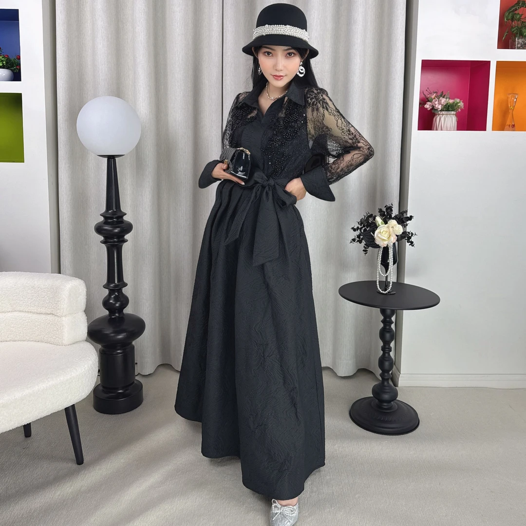 高级气质法式长款连衣裙女夏季时尚名媛优雅设计感珠韵华彩