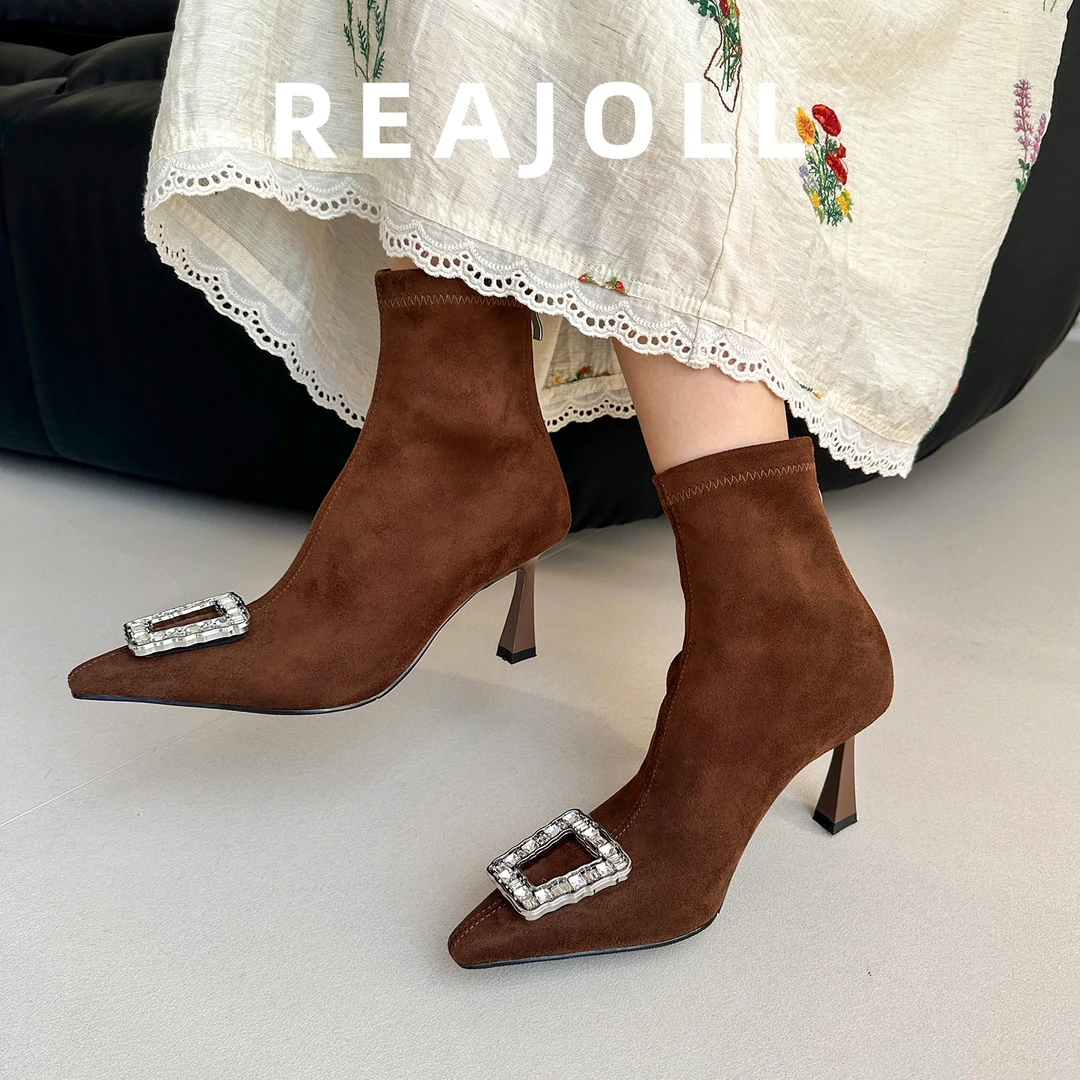 弹力靴子女款秋冬尖头细跟高跟靴法式美拉德绝美显瘦网红时装短靴