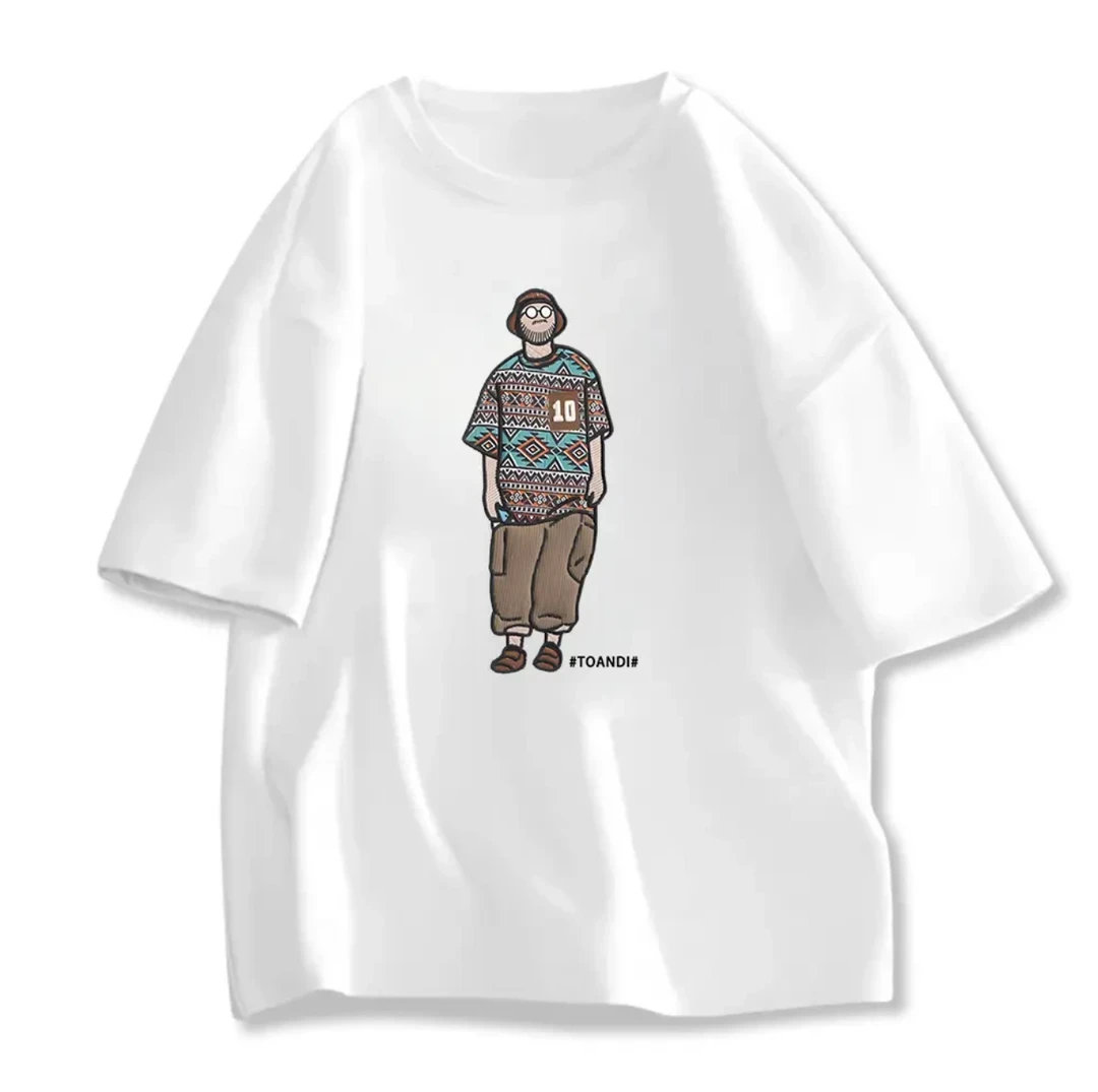 2025夏季时尚潮流百搭男士刺绣男孩T恤宽松新款休闲圆领半袖上衣