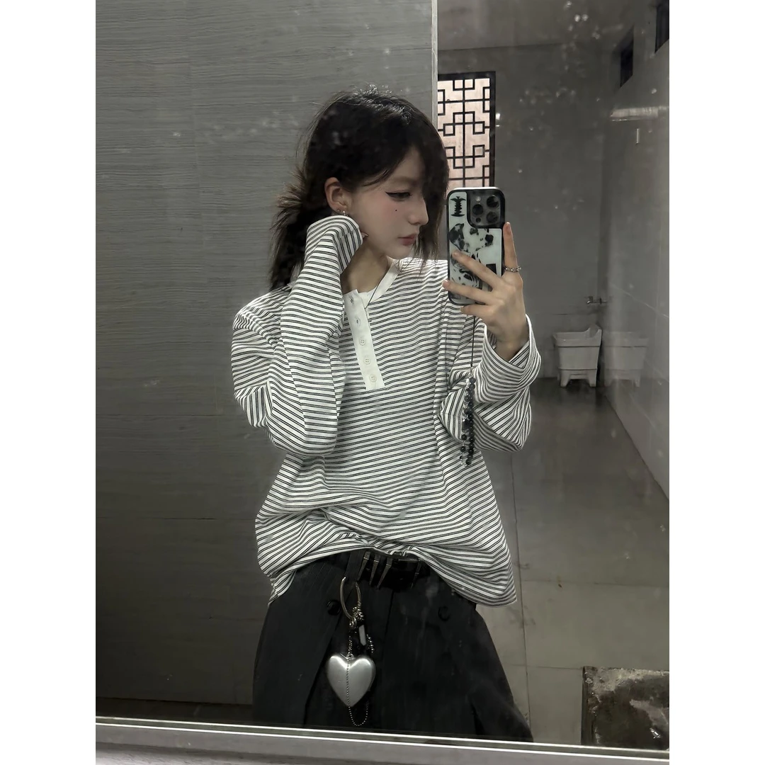 白色亨利领长袖T恤男女早秋穿搭美式复古POLO衫慵懒风内搭打底衫