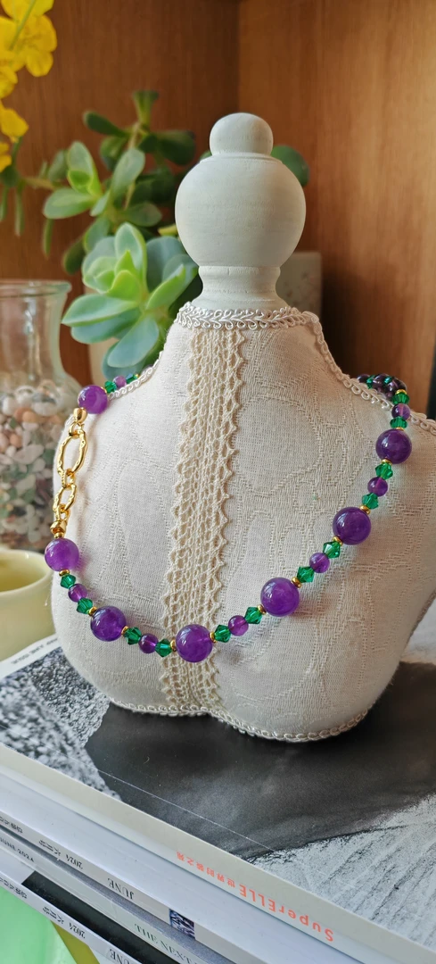 铜合金石英石项链 大颗粒紫色系复古项链