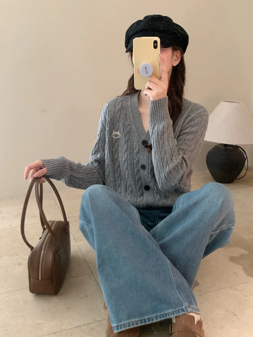 【素简.960127】秋冬新款山羊绒绵羊毛小怪兽麻花开衫羊毛衫