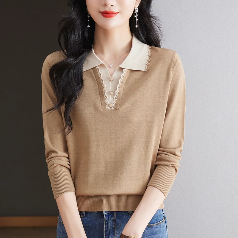 翻领假两件拼接设计感针织衫女2025春秋时尚休闲洋气减龄百搭上衣