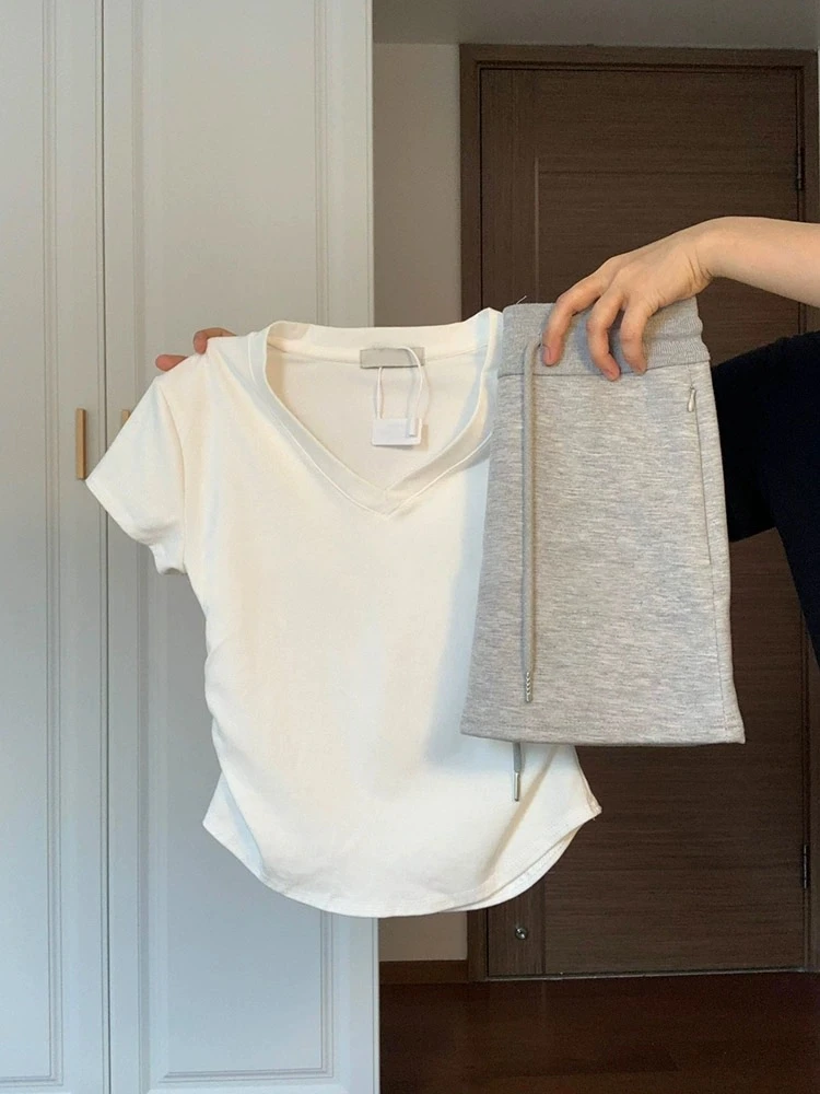 夏季性感辣妹装V领不规则T恤小上衣高腰显瘦包臀抽绳短裙两件套女