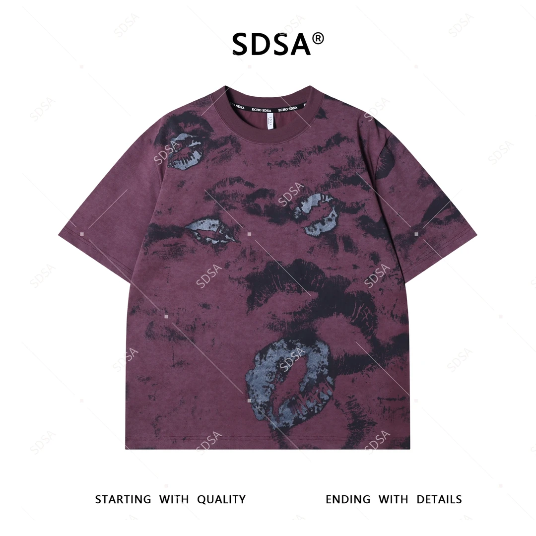 SDSA男士短袖t恤2025新款轻痞帅男装扎染嘴唇印花圆领上衣复古潮