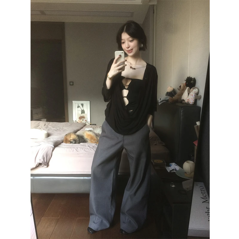 串珠链条亲肤慵懒荡领露背拼接长袖上衣褶皱垂感西裤直筒阔腿裤女