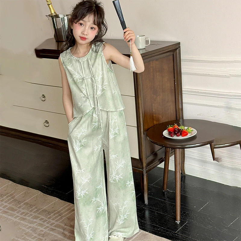 女童国风套装2025新款儿童中式汉服女大童网红无袖唐装时尚阔腿裤