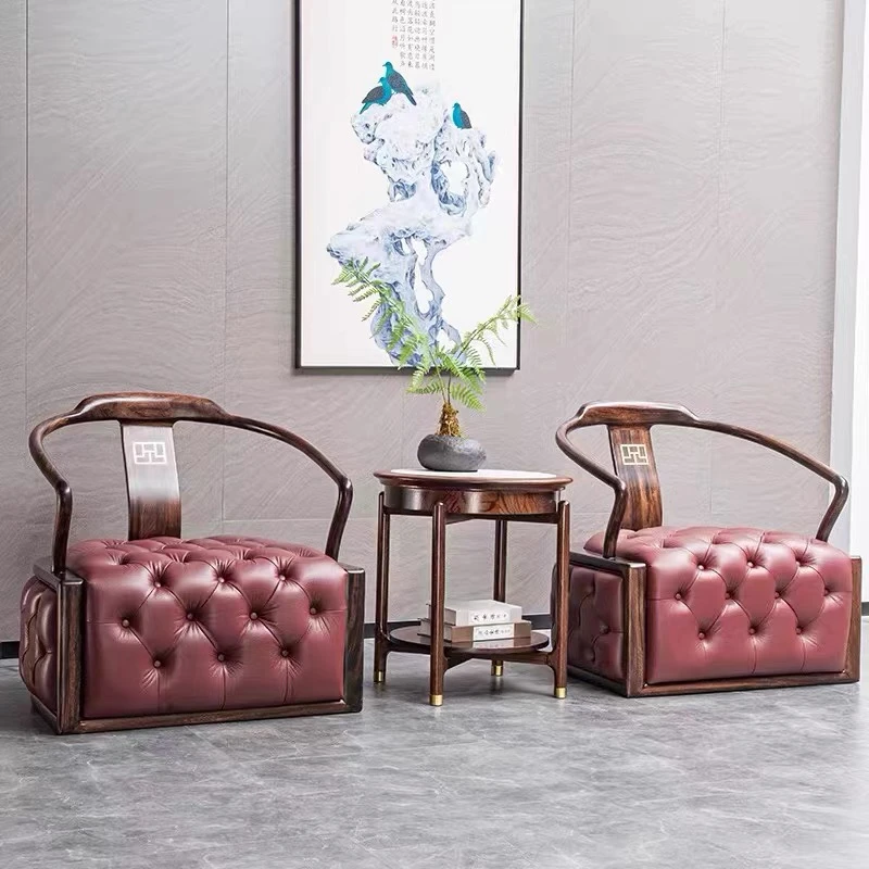新中式真皮休闲椅三件套太师椅乌金木单人沙发椅客厅阳台网红圈椅