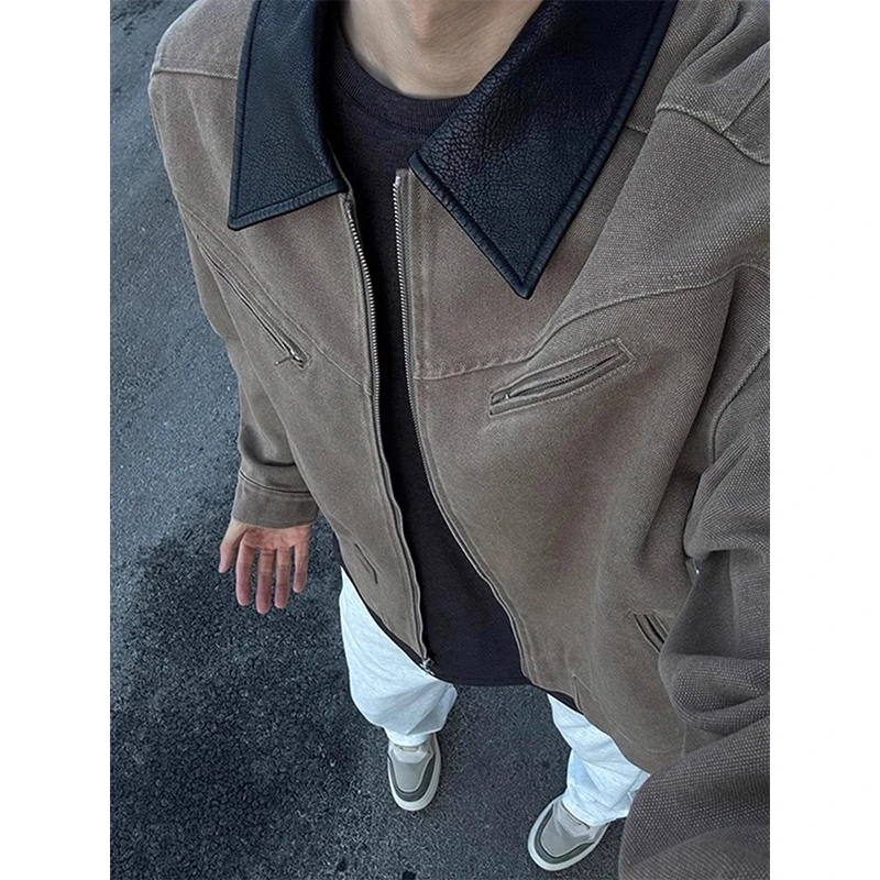 cleanfit美式复古棕色工装短款外套男款春秋高级感翻领底特律夹克