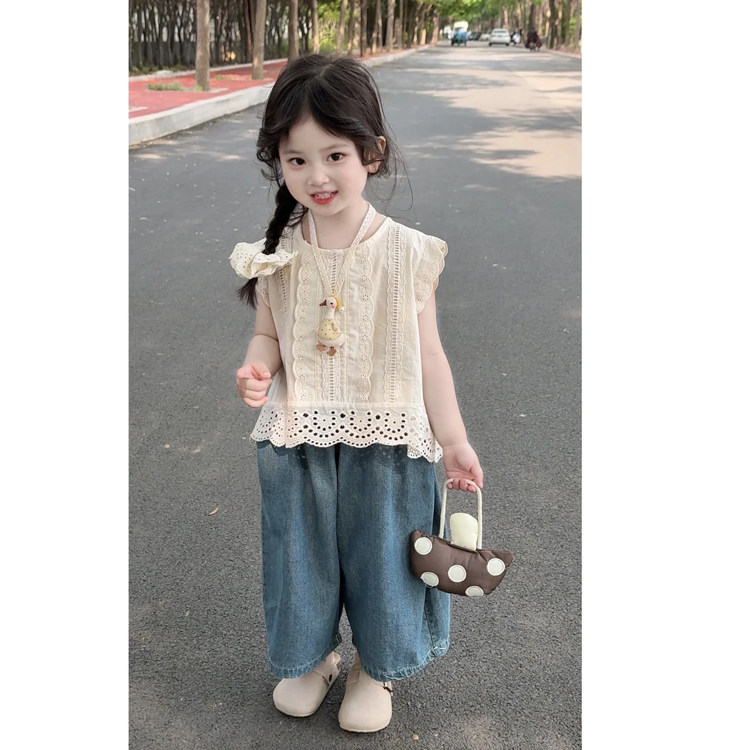 女童花边背心套装夏装新款韩版洋气儿童娃娃衫宽松牛仔裤两件套