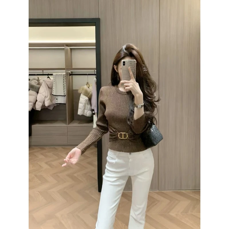 法式漂亮咖色针织衫内搭毛衣修身漂亮掐腰上衣复古修身牛仔裤套装