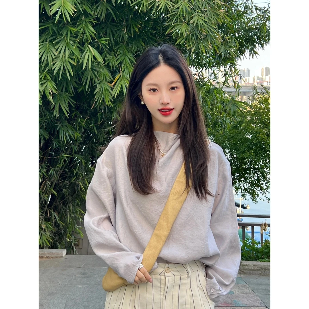 2025女士早春季新款宽松设计感百搭长袖上衣条纹休闲裤显瘦阔腿裤