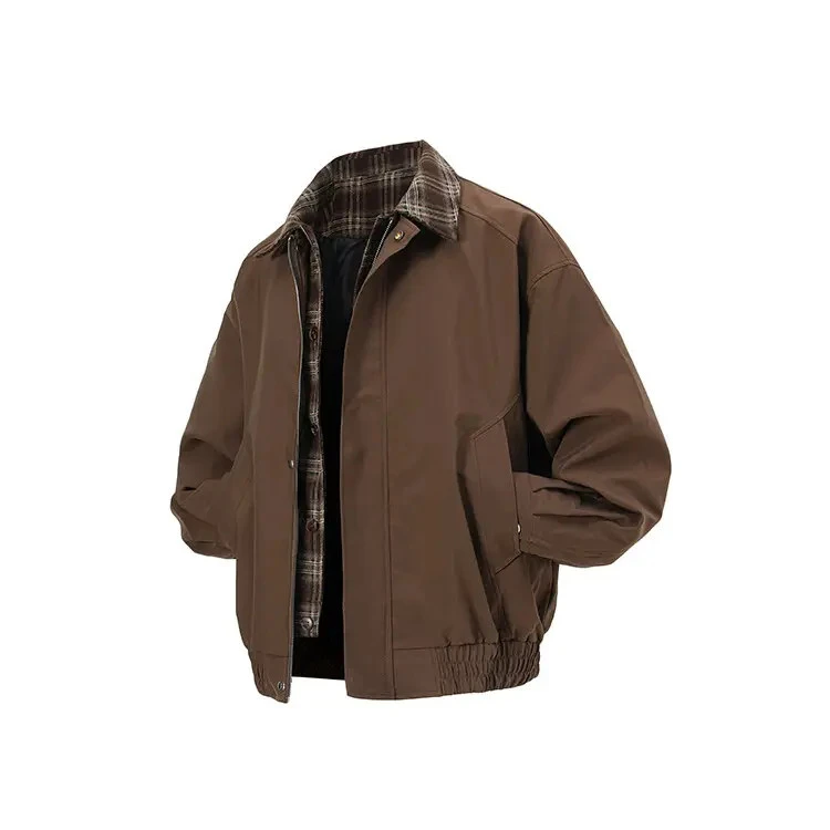 古着vintage棕色格子假两件夹克男2025秋冬美拉德穿搭棒球服外套