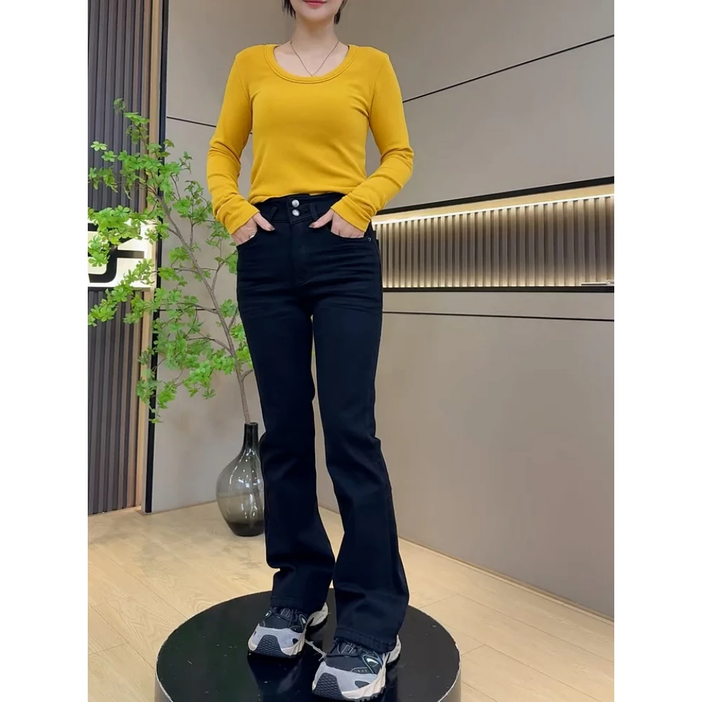 黑色微喇叭牛仔裤女2025秋冬加绒大码胖mm高腰弹力显瘦修身马蹄裤