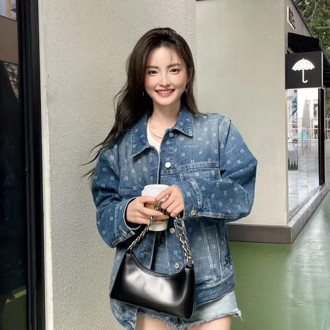 95新 Givenchy/纪梵希 yy 满印logo单排扣牛仔外套S 604885