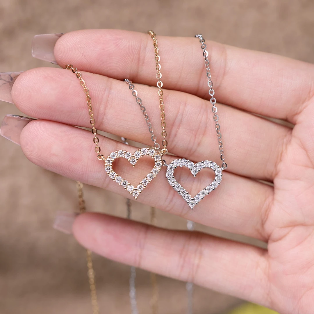 恒美娜 坠链均925银莫桑石 爱心项链 镶嵌银饰女时尚简约镂空桃