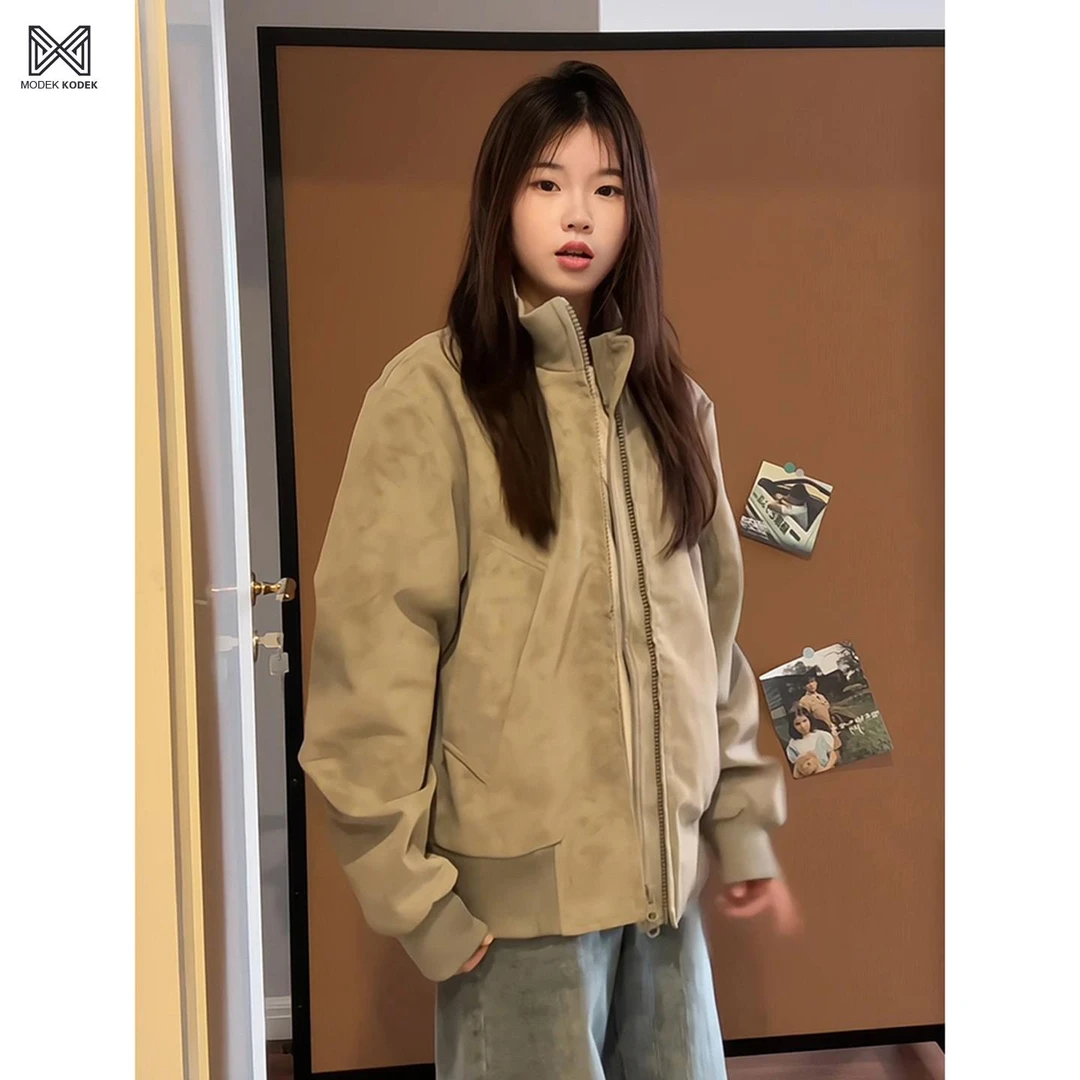 MODEK KODEK美式短款扎染皮夹克男女款冬季潮流加绒保暖棉服外套