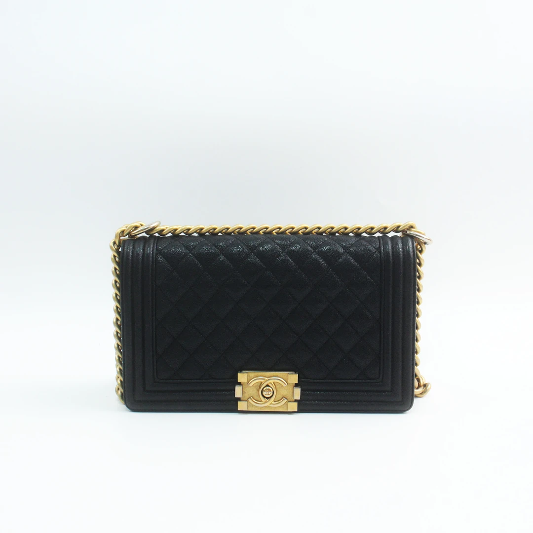 95新 Chanel/香奈儿 79786B 18B深藏青色荔枝纹Leboy中号斜挎包