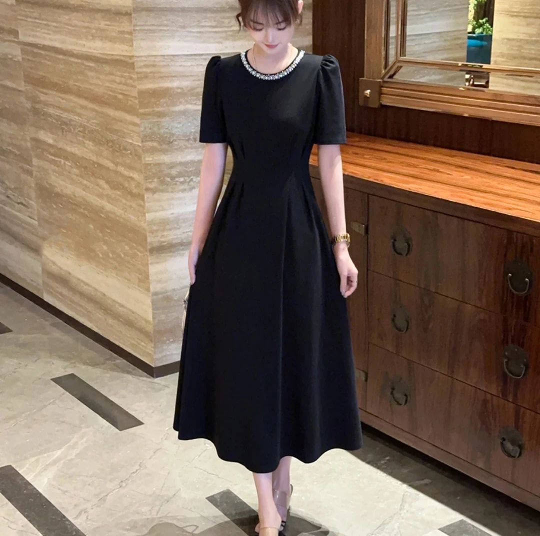 【865】珍珠黑色短袖连衣裙子女新款赫本风小个子a字法式长裙气质
