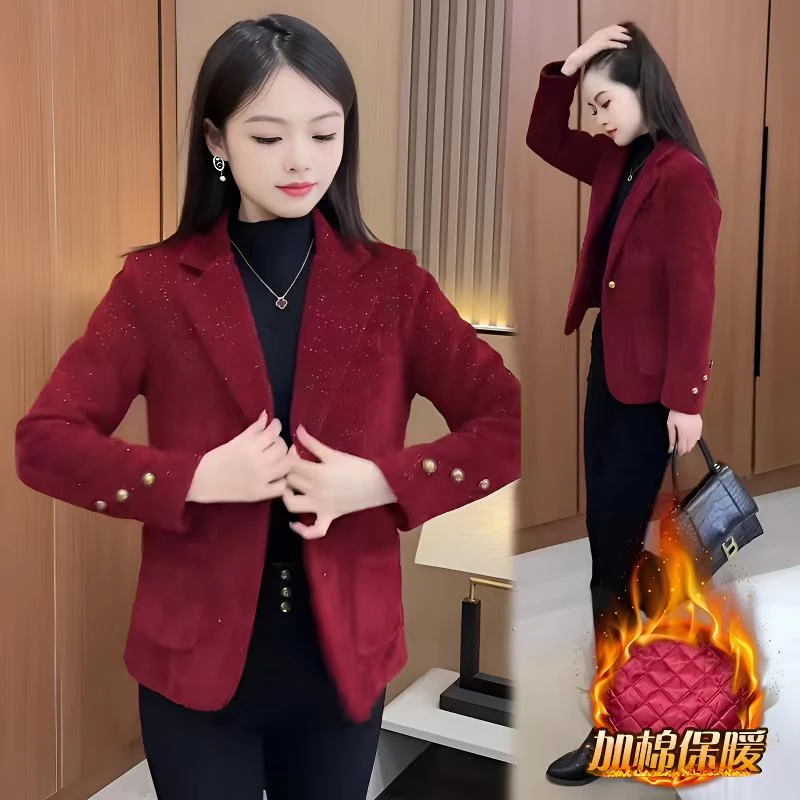 秋冬季新款加棉保暖小香风西装外套女修身显瘦西装时尚百搭妈妈装