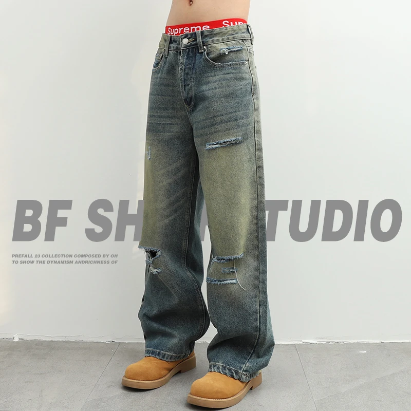 男士vibe直筒破洞牛仔裤男2025秋季新款宽松慵懒复古做旧水洗裤子