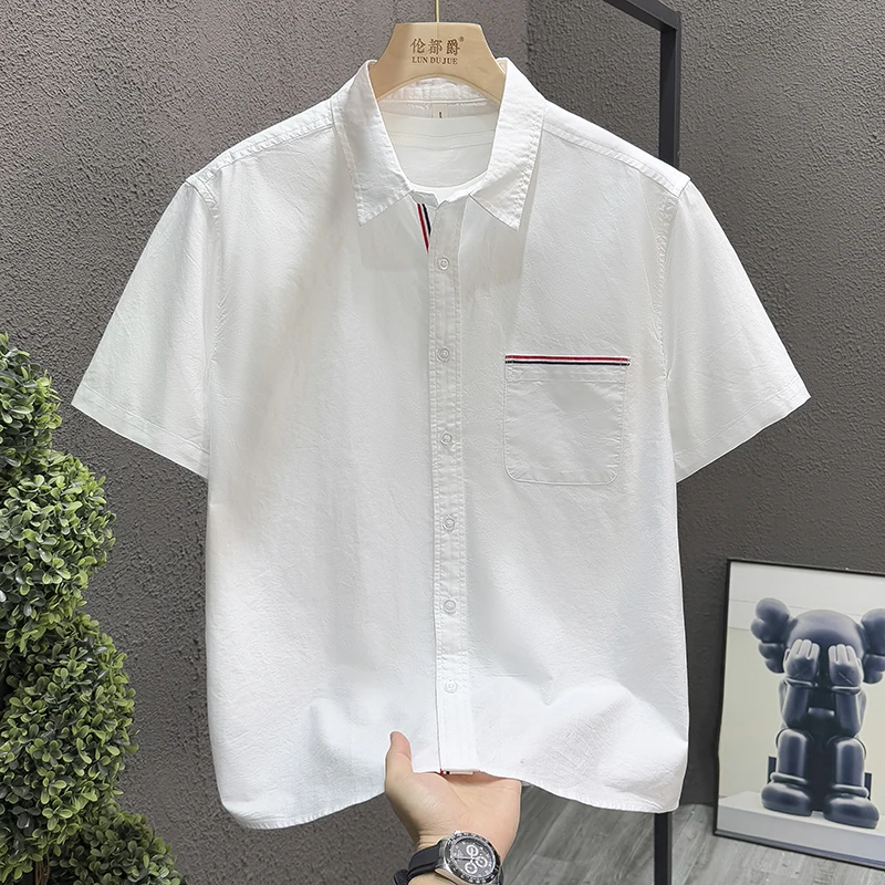 高级感色织条纹男士休闲短袖衬衫夏季宽松时尚百搭青少年薄款外套