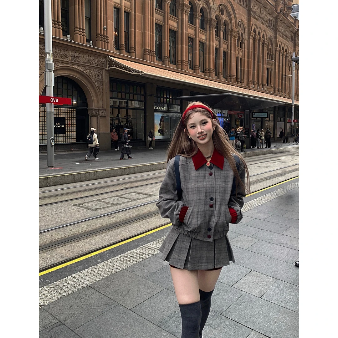 榛果摩卡 复古宽松格子短外套女高腰显瘦百褶裙裤套装秋