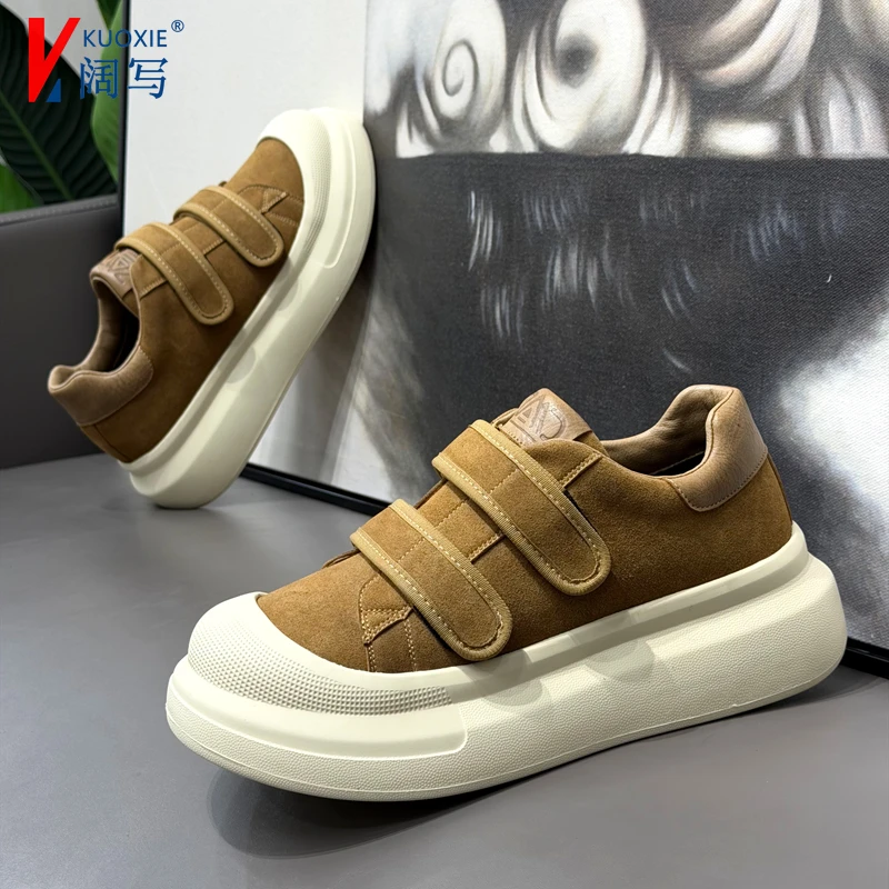 一脚蹬魔术贴厚底增高板鞋秋冬季新款男士真皮运动休闲鞋面包鞋男