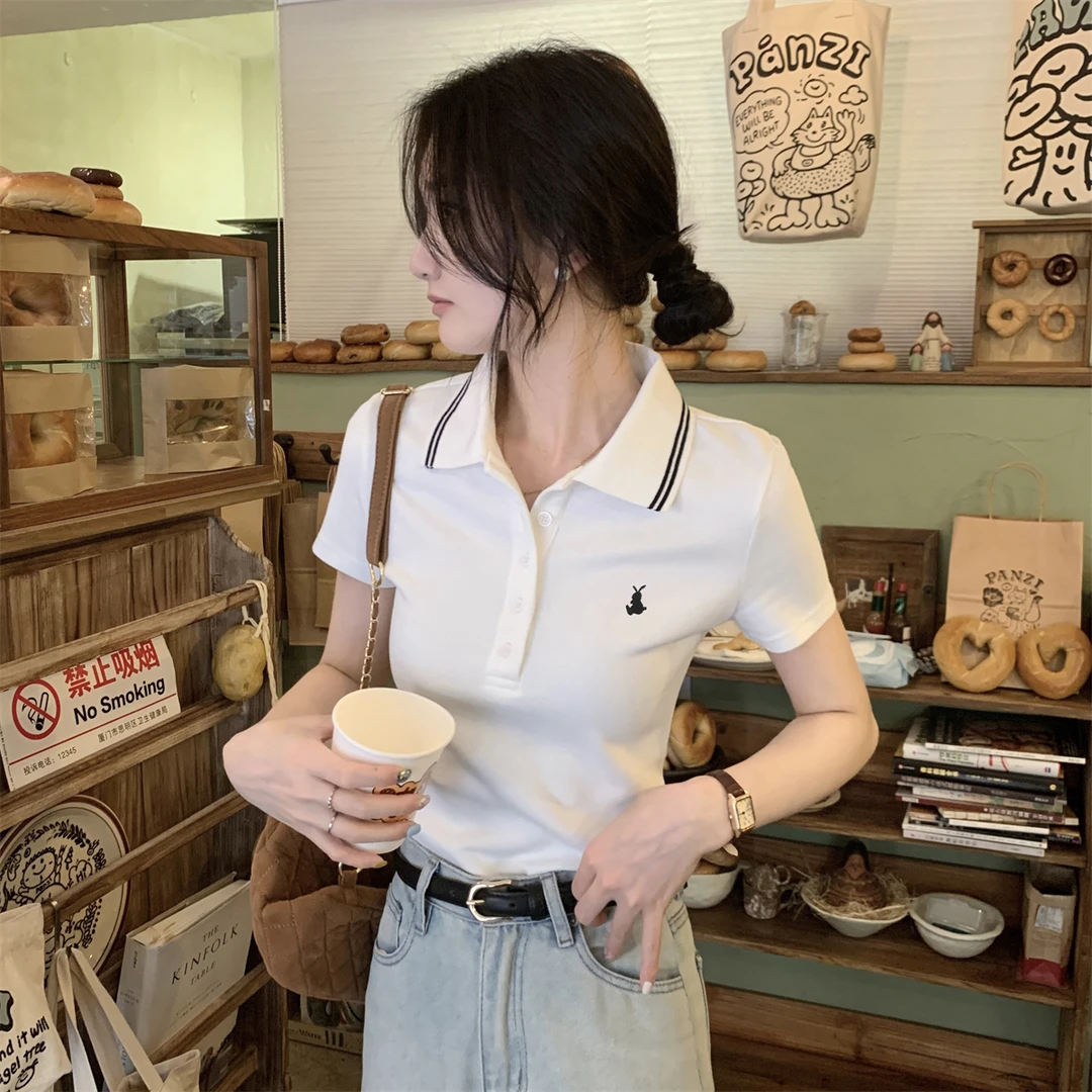 小马刺绣白色休闲polo衫上衣女夏季新款纯棉修身翻领正肩短袖t恤