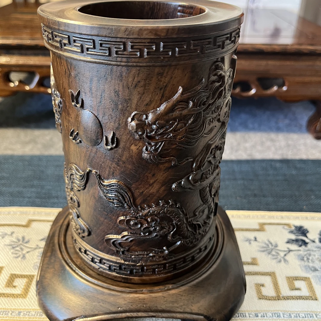 【双龙戏珠】黑檀木笔筒国风复古轻奢笔筒精雕款书房文房用品摆件