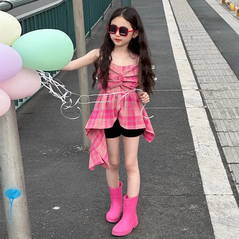 女童夏季连衣裙25新款大童韩版洋气吊带背心裙子甜美格纹女童套装