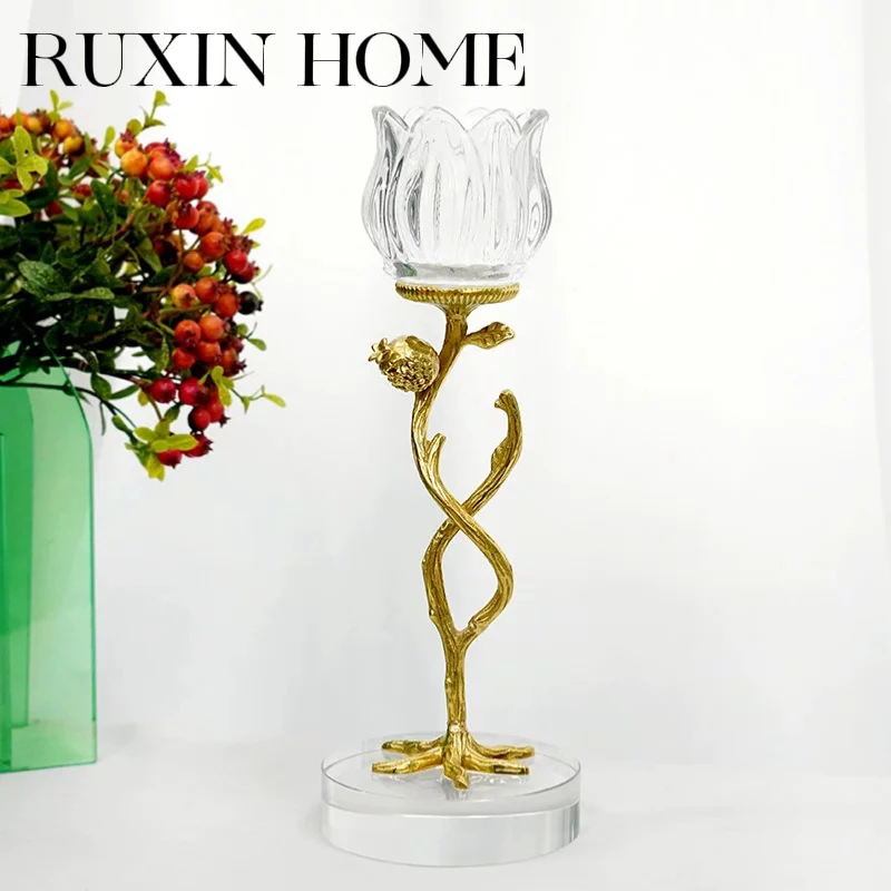 水晶玻璃花朵石榴黄铜水晶玻璃艺术烛台客厅书房玄关装饰品摆件