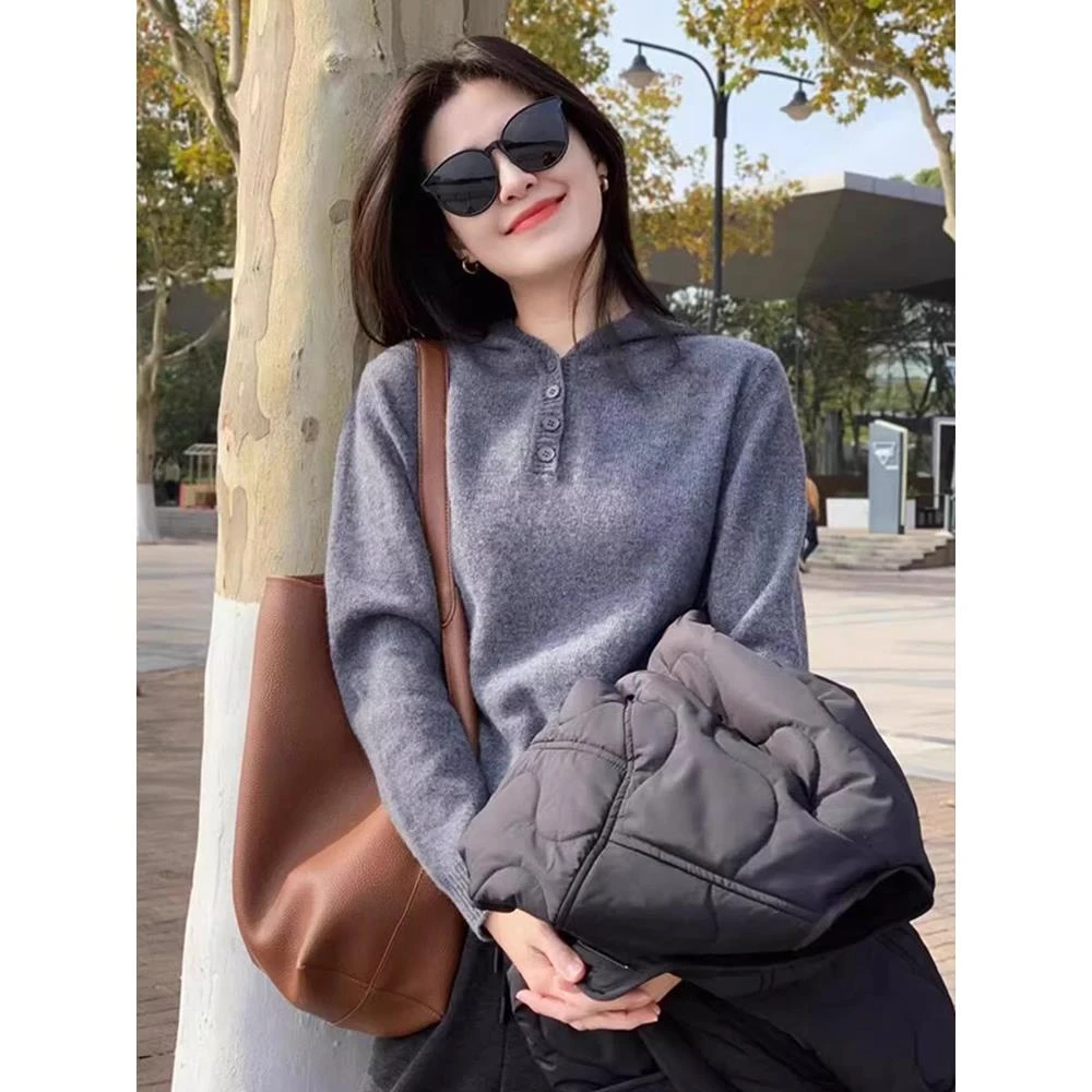 灰色羊绒连帽毛衣女气质高级感大衣内搭长袖针织打底衫上衣针织衫