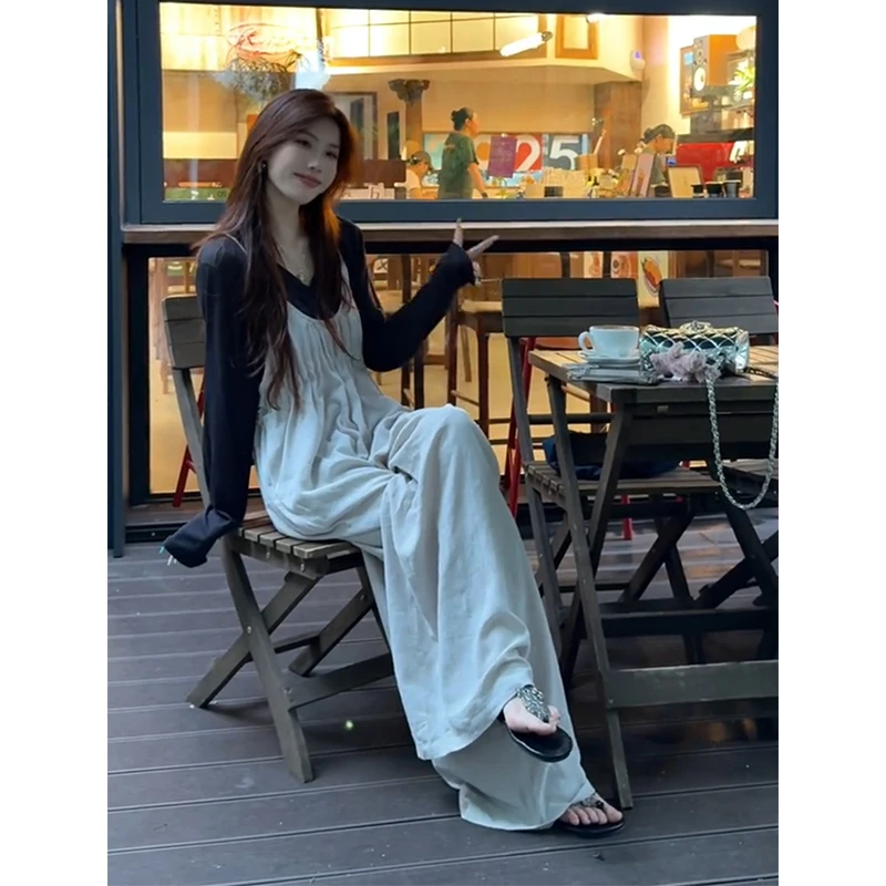 时尚简约V领薄款长袖上衣女夏季设计感宽松显瘦背带裤休闲裤子
