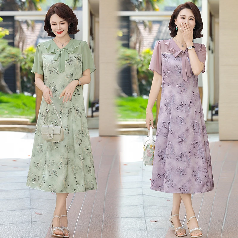 洋气妈妈装裙子过膝碎花连衣裙夏季中老年女装