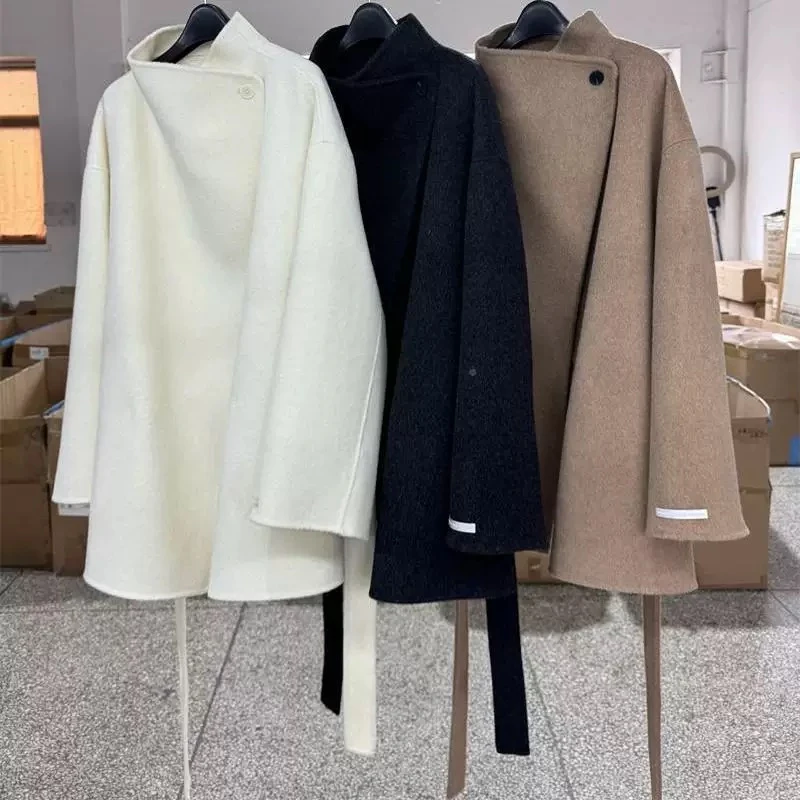 2025新款百搭斜扣一粒扣系带双面羊毛短款女宽松显瘦气质毛呢外套